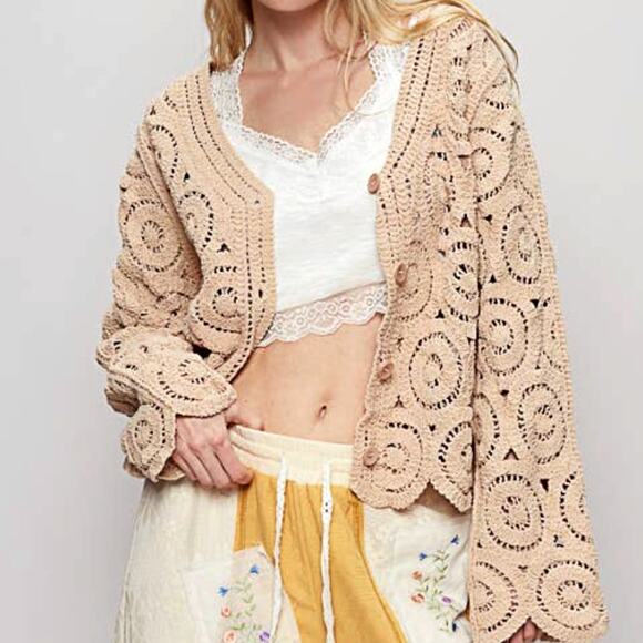 POL Sweaters - POL Crochet Cardigan Tan Boho Floral Button Front Open Knit Sweater Medium